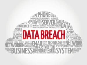 A word cloud with the word 'data breach' written in large and red in the middle.
